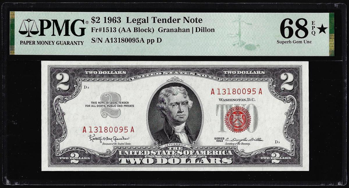 1963 $2 Legal Tender Note Fr.1513 PMG Superb Gem Uncirculated 68EPQ* Star