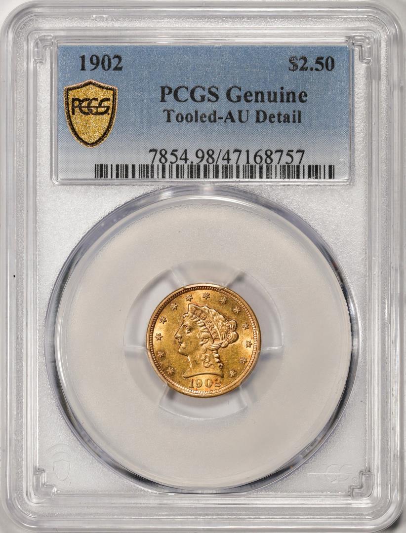 1902 $2 1/2 Liberty Head Quarter Eagle Gold Coin PCGS Genuine Tooled AU Detail