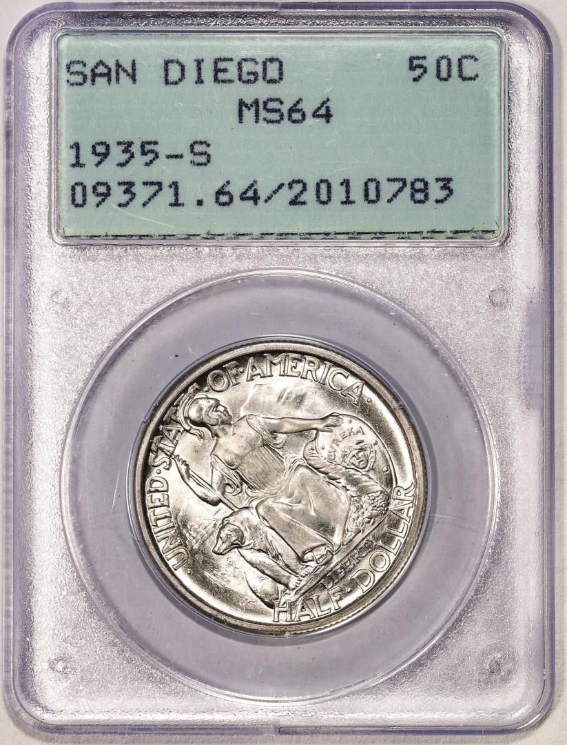 1935-S San Diego Exposition Commemorative Half Dollar Coin PCGS MS64 Rattler Holder