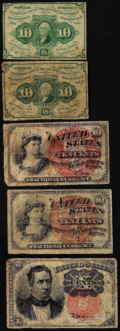 Lot of (5) Assorted Series 10 Cents Fractional Currency Notes