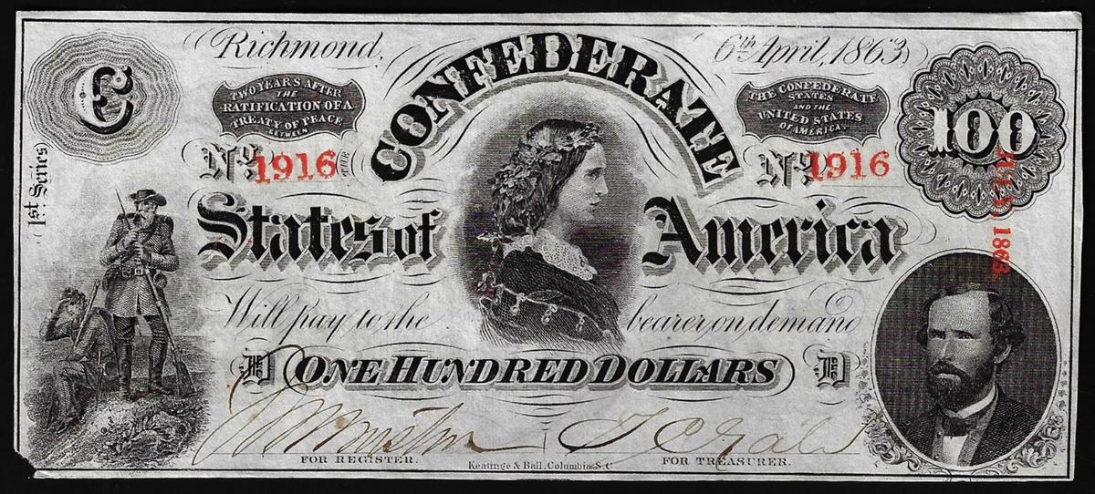 1863 $100 Confederate States of America Note Missing Corner
