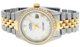 Rolex Mens Two Tone White Roman Diamond Datejust Wristwatch