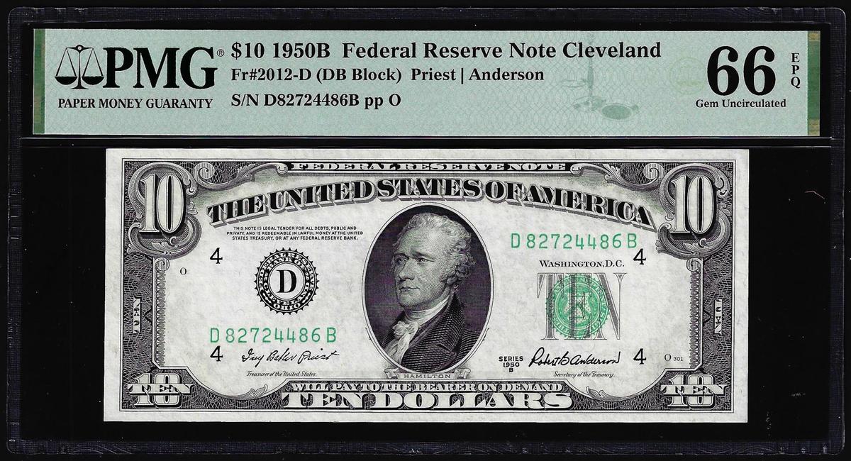 1950B $10 Federal Reserve Note Cleveland Fr.2012-D PMG Gem Uncirculated 66EPQ