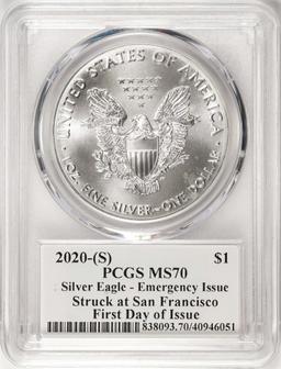 2020-(S) $1 American Silver Eagle Coin PCGS MS70 FDOI S.F. Mint Jim Peed Signature