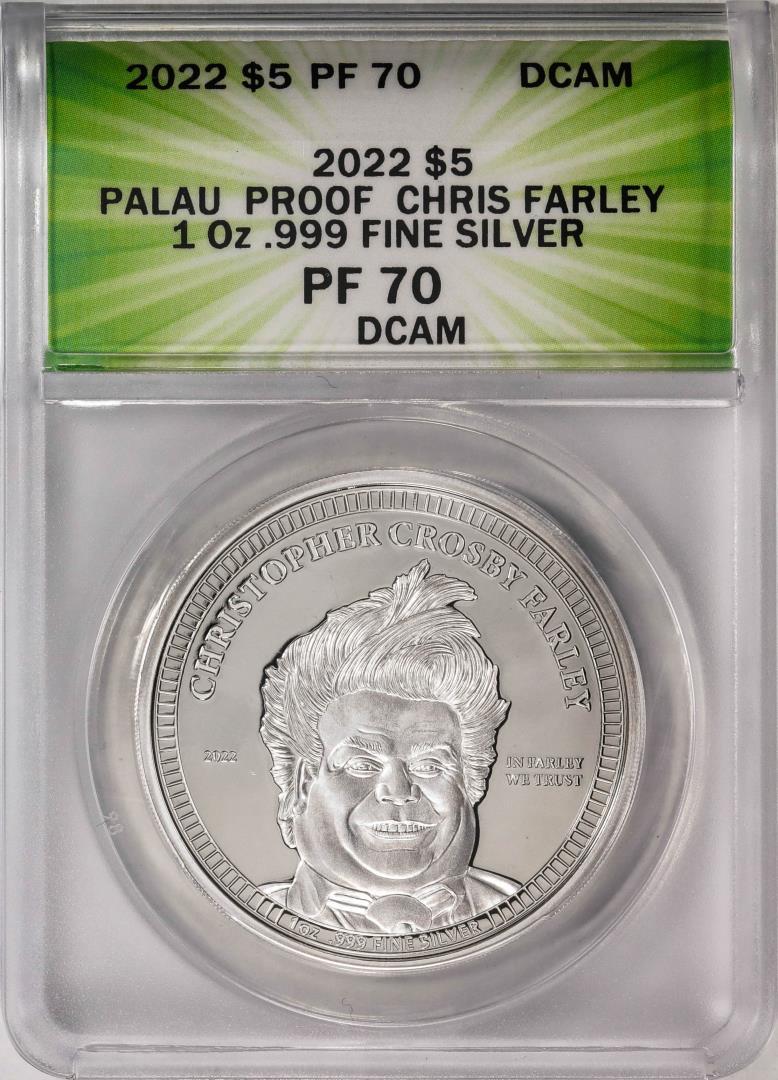 2022 $5 Palau Proof Chris Farley Silver Coin ANACS PF70DCAM