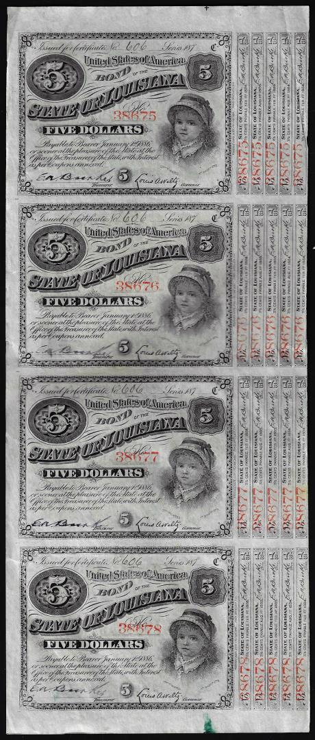 Uncut Sheet of (4) State of Louisiana Baby Bond Obsolete Notes