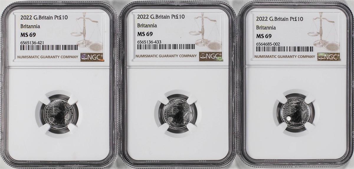 Lot of (3) 2022 Great Britain 10 Pounds Britannia 1/10oz Platinum Coins NGC MS69