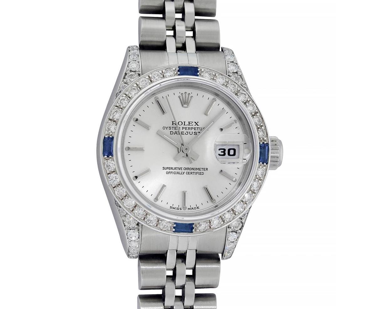 Rolex Ladies Stainless Steel Sapphire and Diamond Datejust Wristwatch