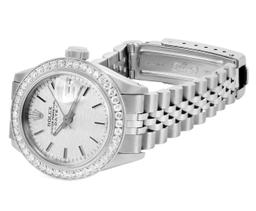 Rolex Ladies Stainless Steel Silver Index Diamond Date Wristwatch With Rolex Box