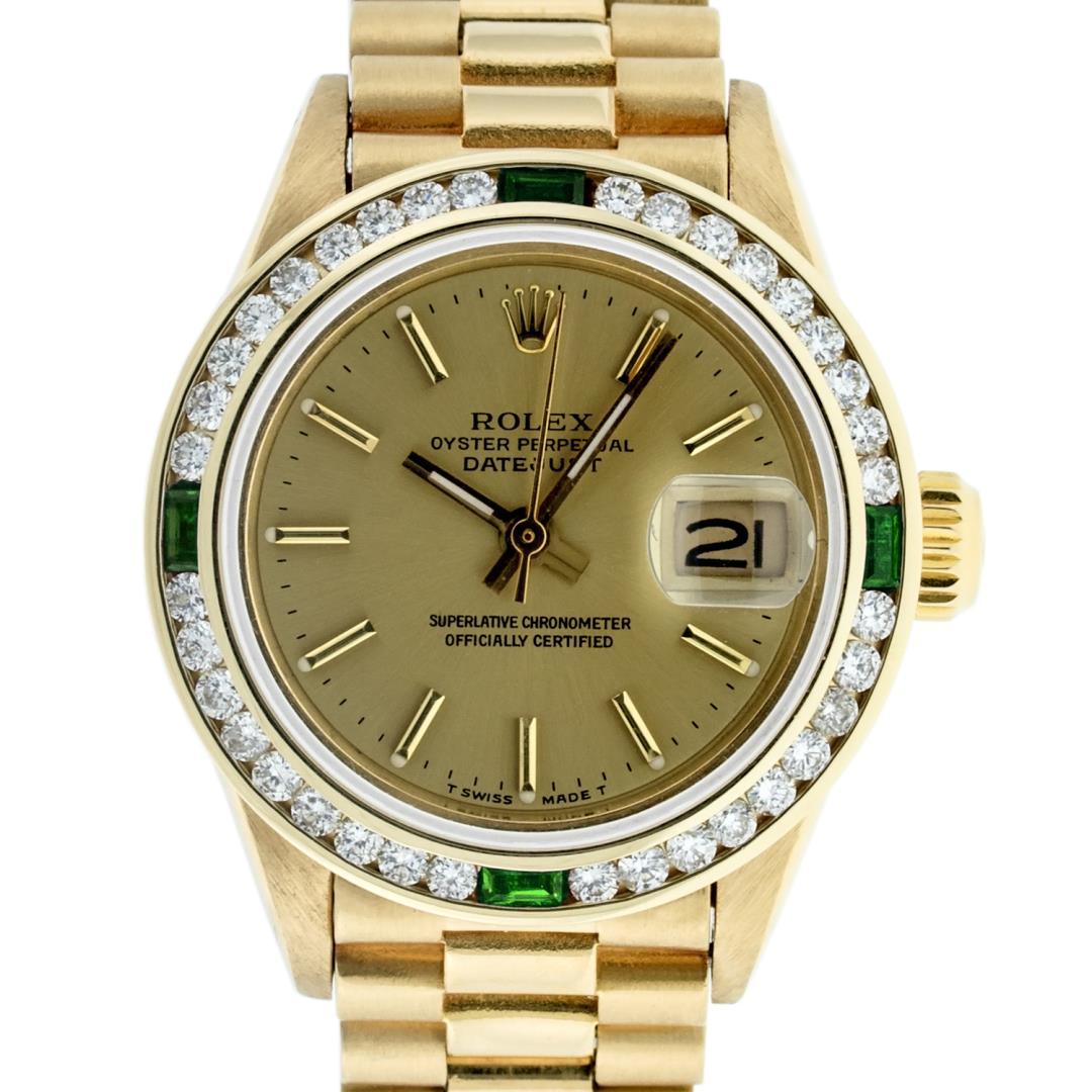 Rolex Ladies 18K Yellow Gold Emerald And Diamond President Wristwatch