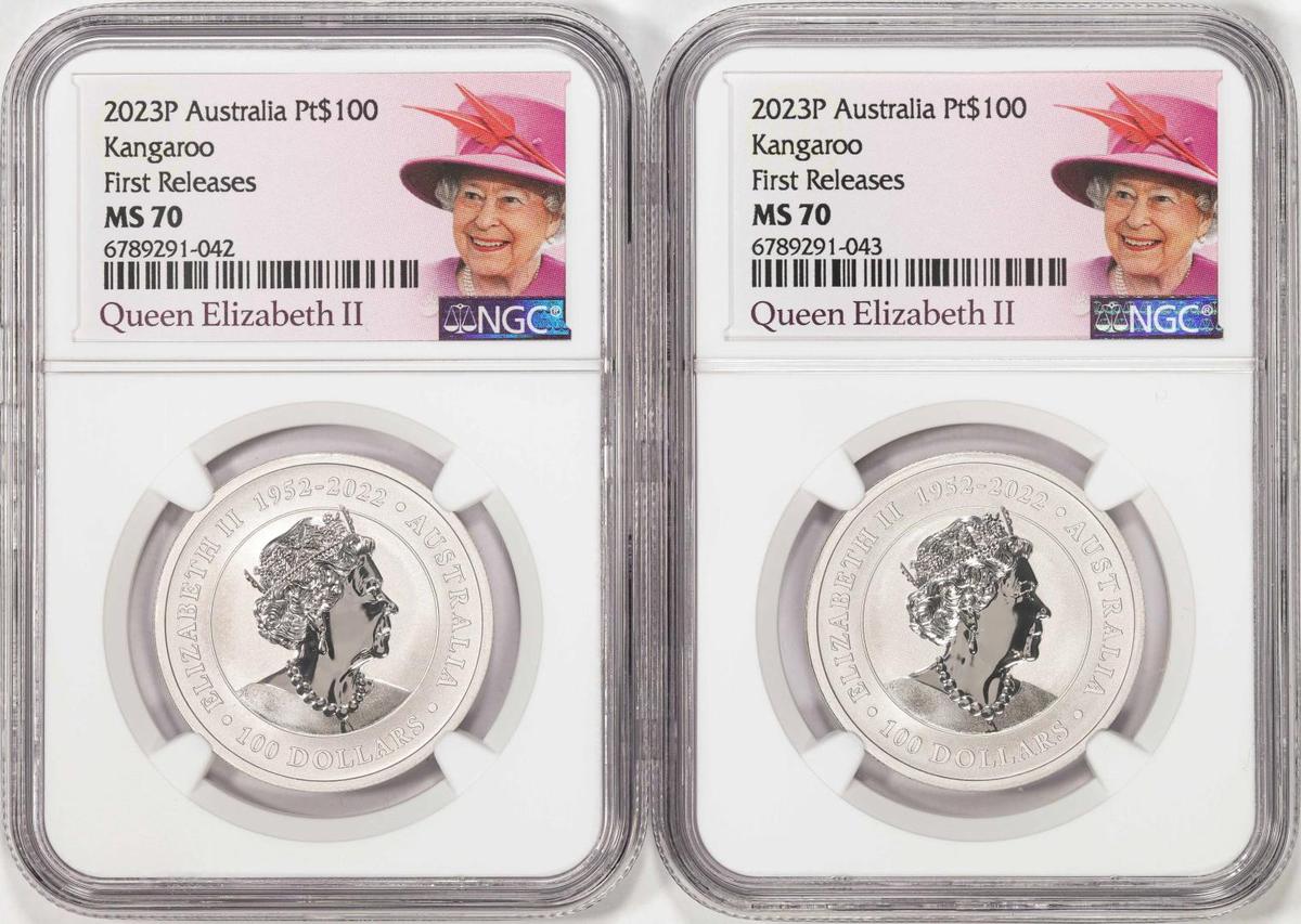 Lot of (2) 2023P Australia $100 Kangaroo 1oz Platinum Coins NGC MS70 First Releases