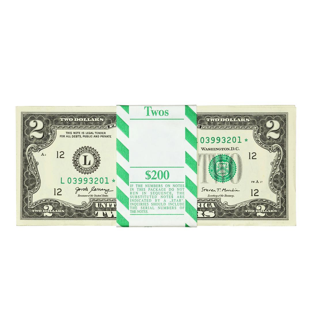 Pack of (100) Consecutive 2017A $2 Federal Reserve Star Notes San Francisco