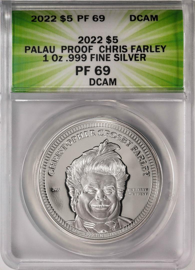 2022 $5 Palau Proof Chris Farley Silver Coin ANACS PF69DCAM