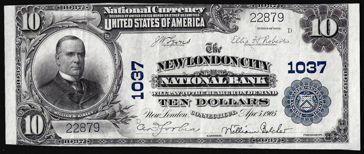 1902 $10 The New London City National Bank, CT CH# 1037 National Currency Note