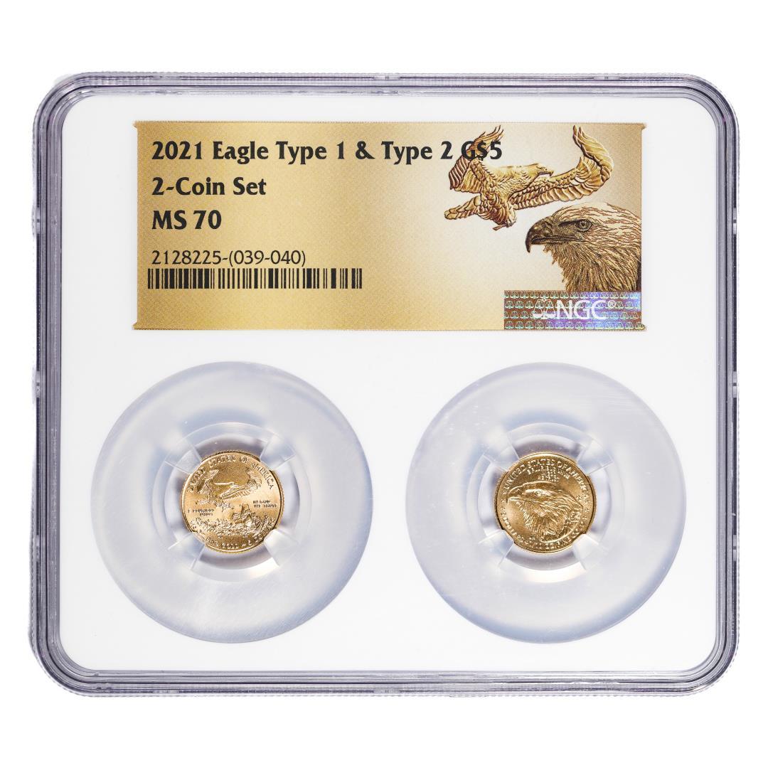 Set of 2021 Type 1 & Type 2 $5 American Gold Eagle Coins NGC MS70