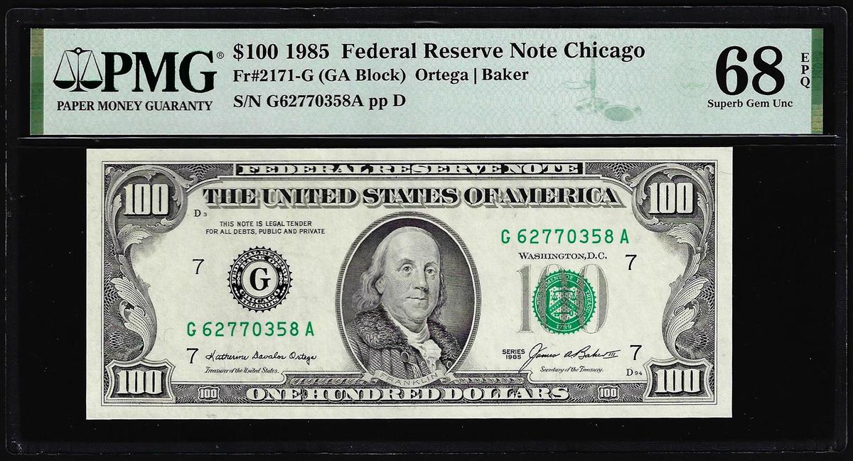 1985 $100 Federal Reserve Note Chicago Fr.2171-G PMG Superb Gem Uncirculated 68EPQ