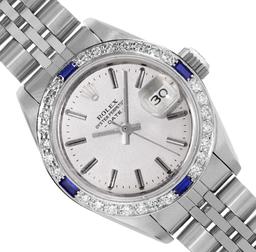 Rolex Ladies Stainless Steel Silver Index Sapphire and Diamond Date Wristwatch