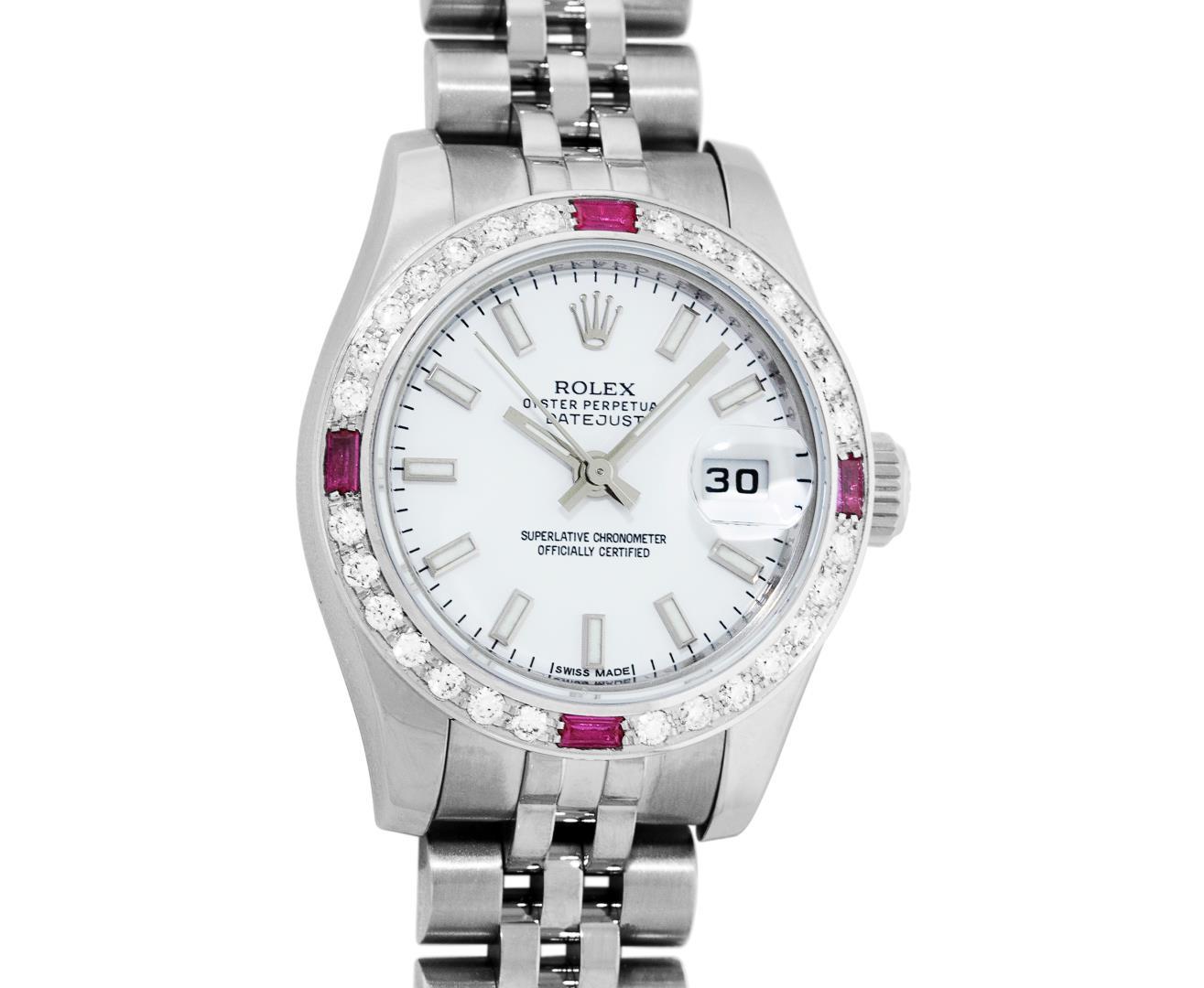 Rolex Ladies Stainless Steel White Index Ruby and Diamond Datejust Wristwatch