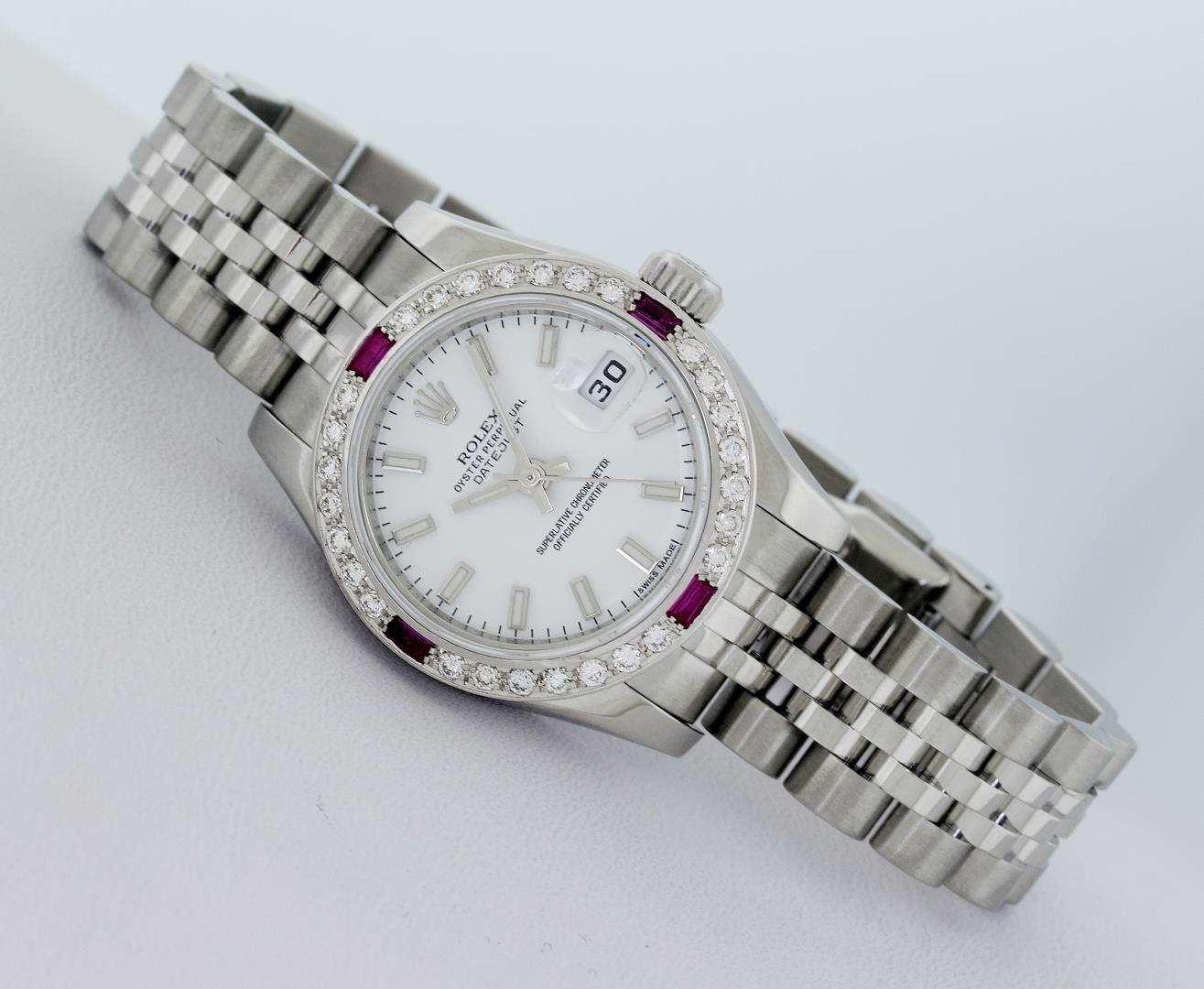 Rolex Ladies Stainless Steel White Index Ruby and Diamond Datejust Wristwatch