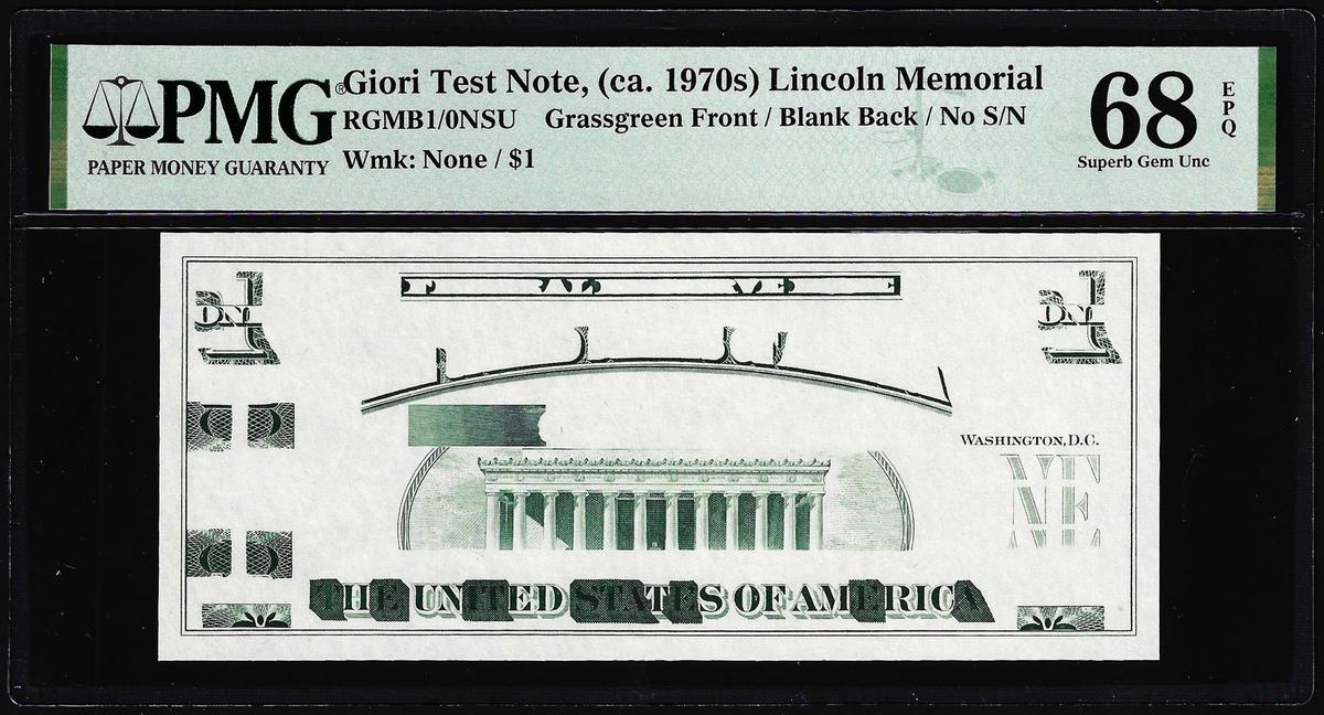 Circa 1970's Lincoln Memorial Giori Test Note PMG Superb Gem Uncirculated 68EPQ