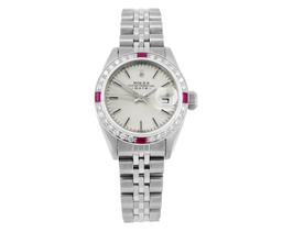 Rolex Ladies Stainless Steel Ruby and Diamond Date Wristwatch With Rolex Box