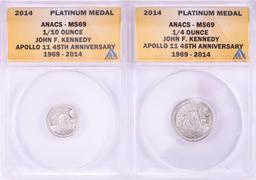 Set of 2014 Proof 1/10 & 1/4 oz Platinum JFK Apollo 11 Anniversary Medals ANACS MS69