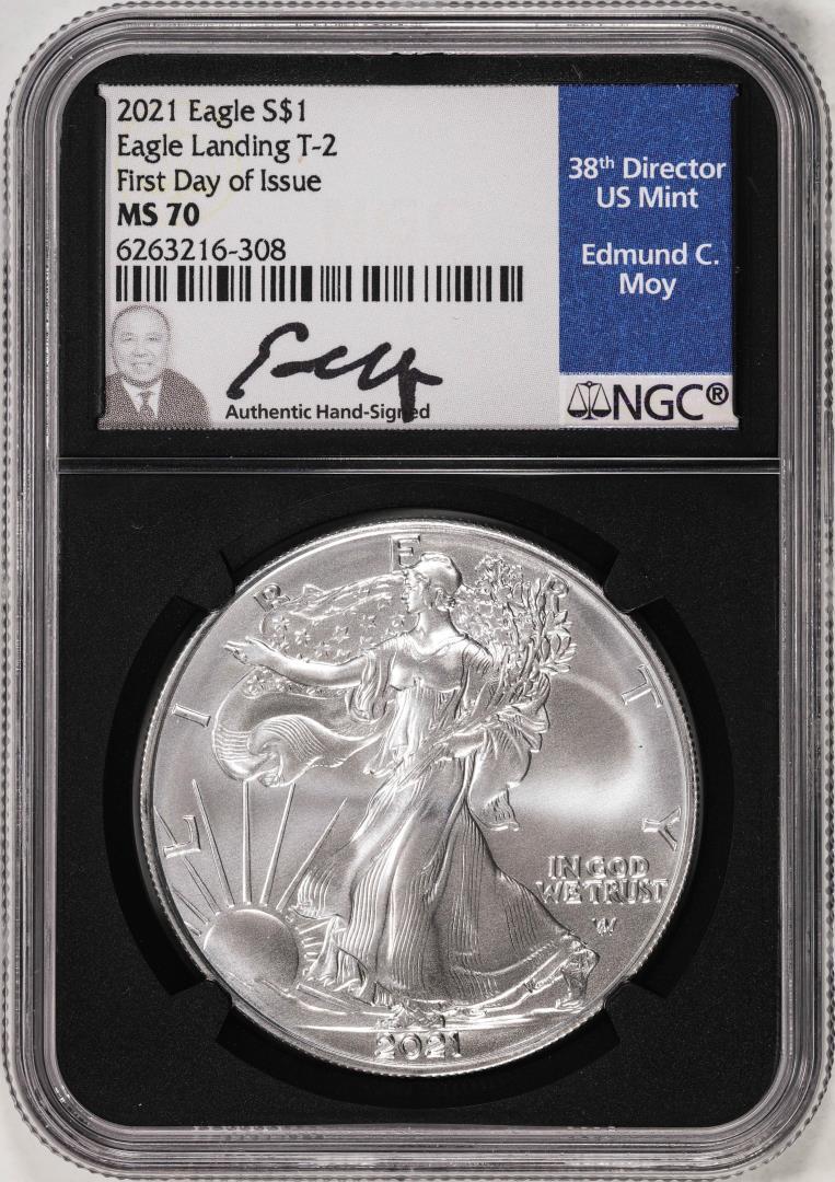 2021 Type 2 $1 American Silver Eagle Coin NGC MS70 FDOI Edmund Moy Signature