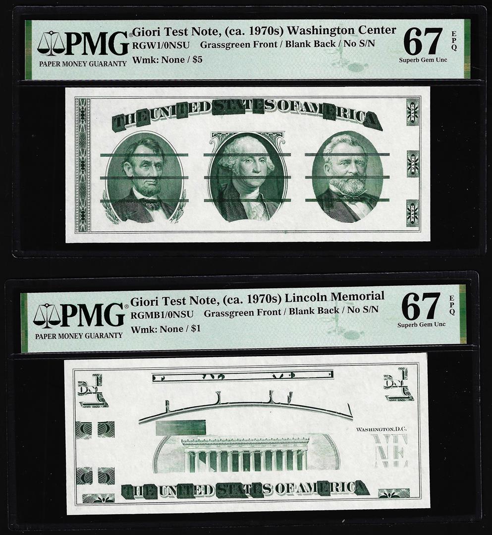 Set of Giori Test Note Washington & Lincoln Memorial PMG Superb Gem Unc 67EPQ