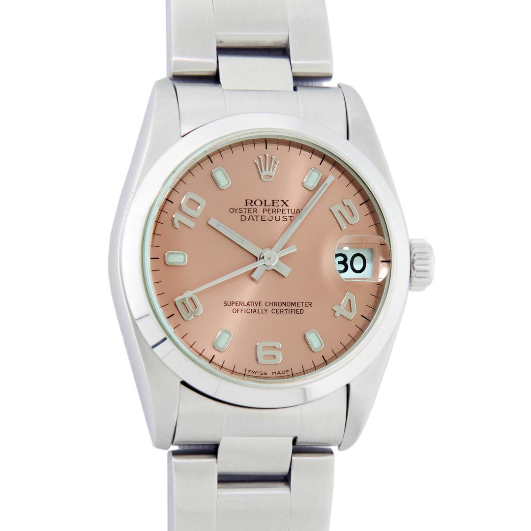 Rolex Ladies Midsize Stainless Steel Salmon Arabic Datejust Wristwatch