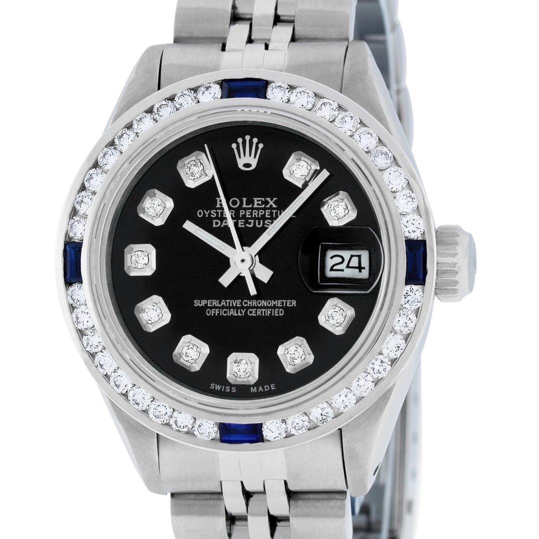 Rolex Ladies Stainless Steel Sapphire and Diamond Datejust Wristwatch