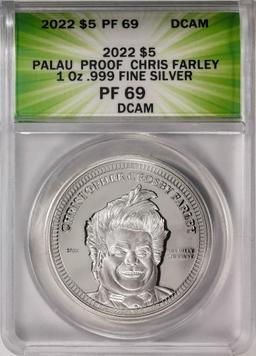 2022 $5 Palau Proof Chris Farley Silver Coin ANACS PF69DCAM