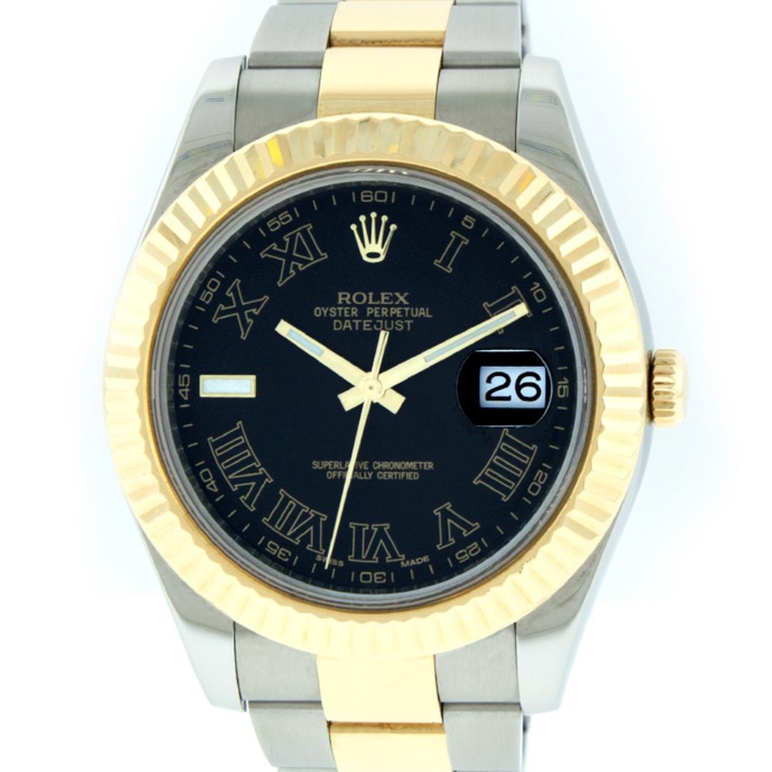 Rolex Men's Two Tone Black Roman Datejust 2 Wristwatch