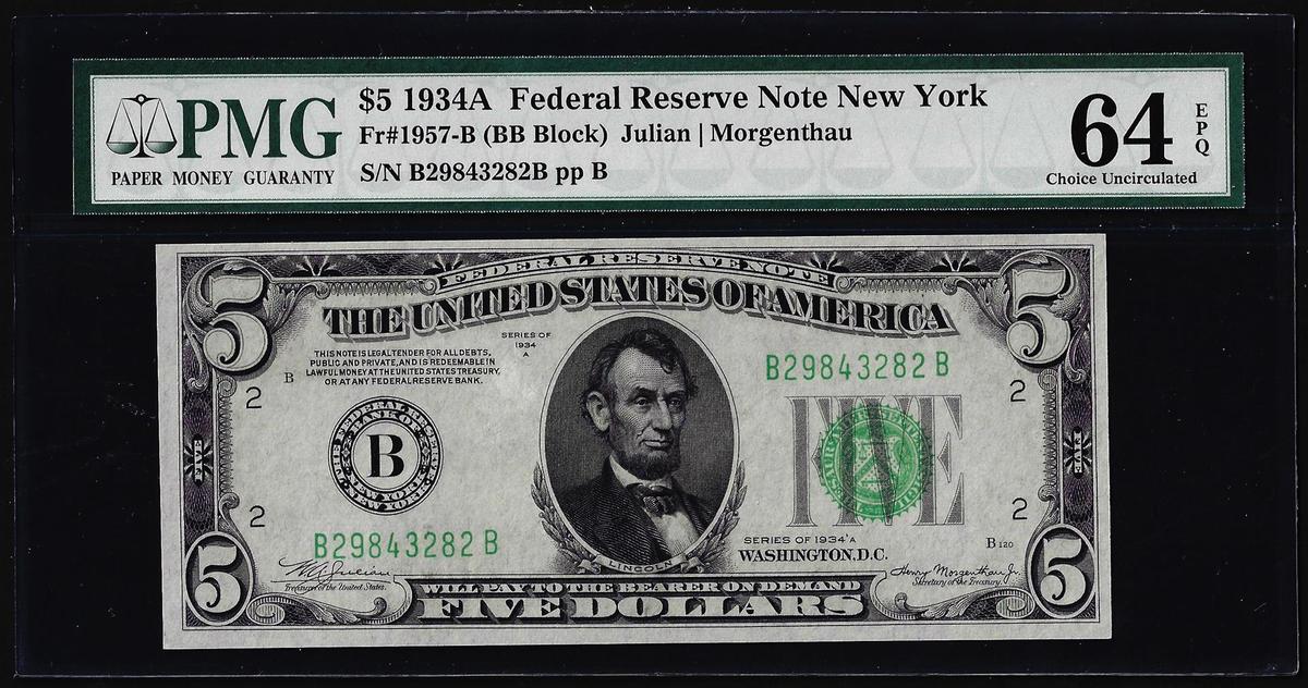 1934A $5 Federal Reserve Note New York Fr.1957-B PMG Choice Uncirculated 64EPQ
