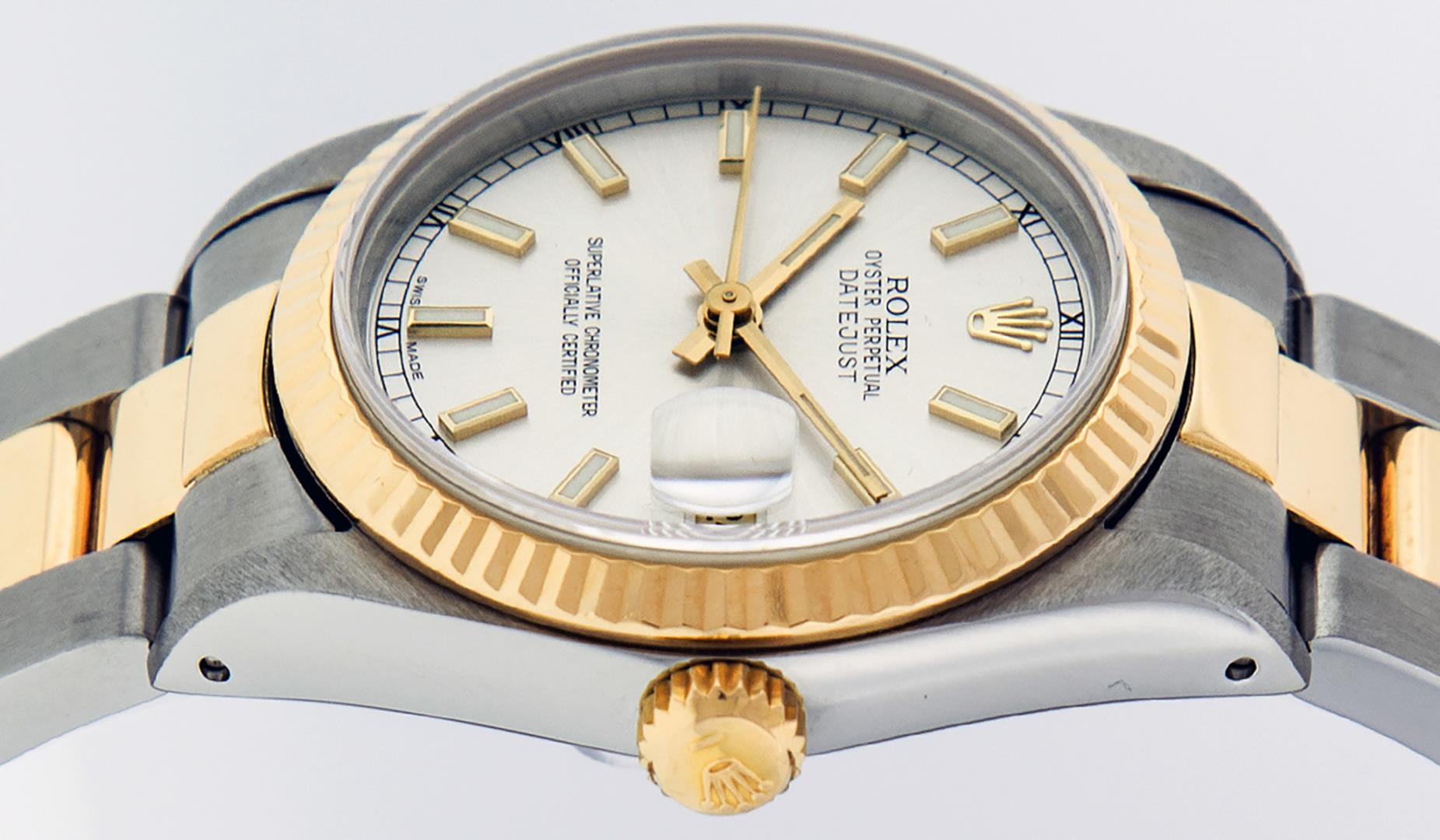 Rolex Ladies Midsize Two Tone Silver Index Datejust Wristwatch