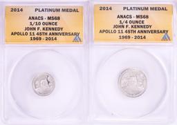 Set of 2014 Proof 1/10 & 1/4 oz Platinum JFK Apollo 11 Anniversary Medals ANACS MS68