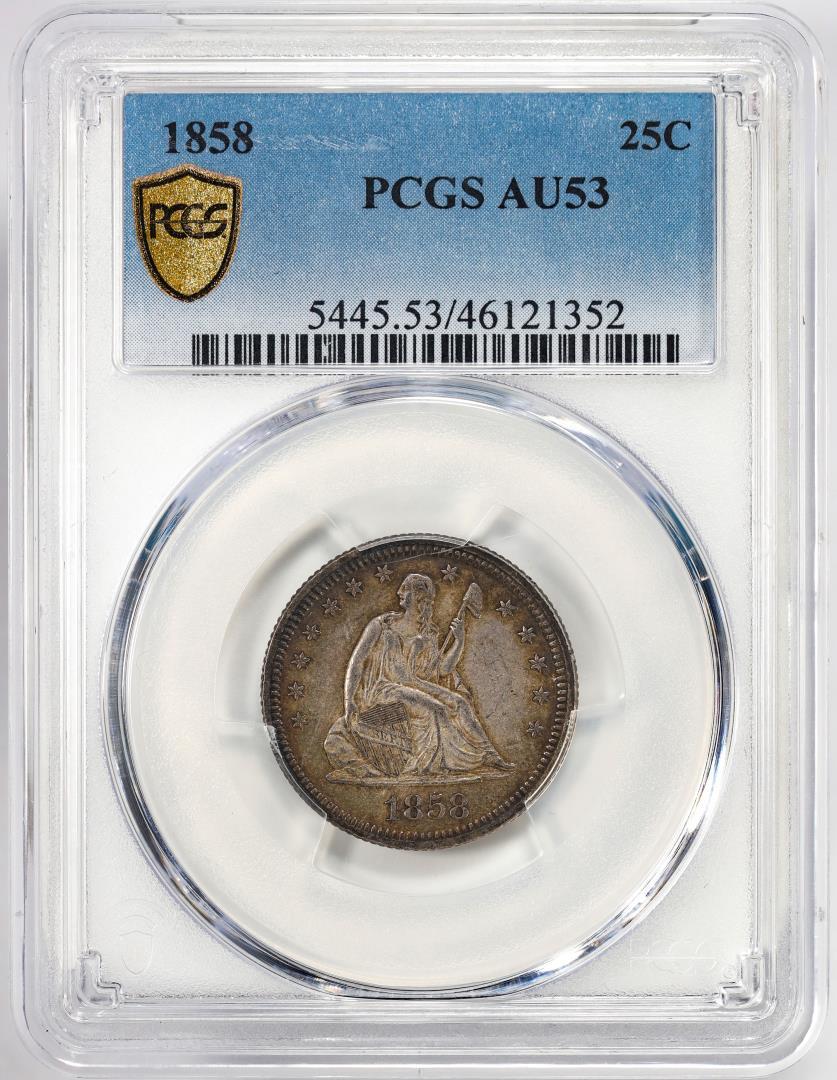 1858 Seated Liberty Quarter Coin PCGS AU53