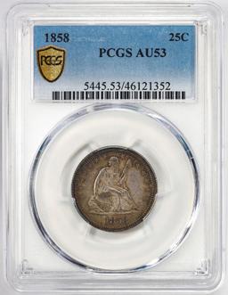 1858 Seated Liberty Quarter Coin PCGS AU53