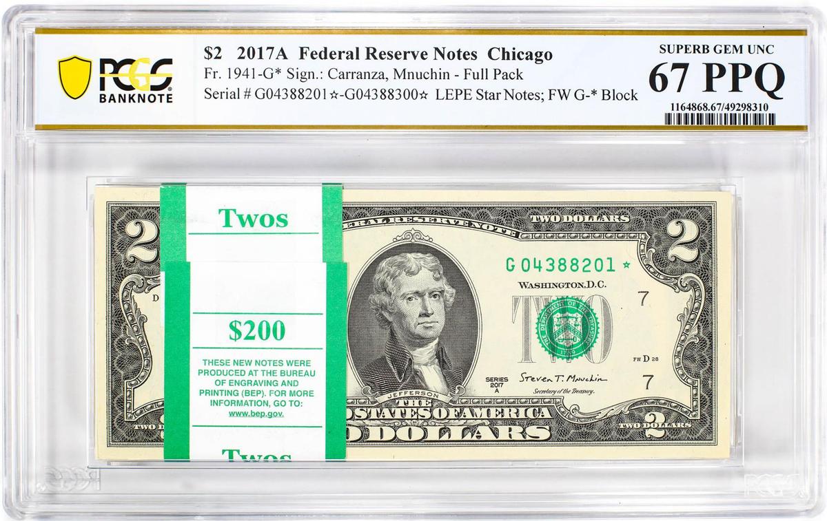 Pack 2017A $2 Federal Reserve STAR Notes Chicago Fr.1941-G* PCGS Superb Gem UNC 67PPQ