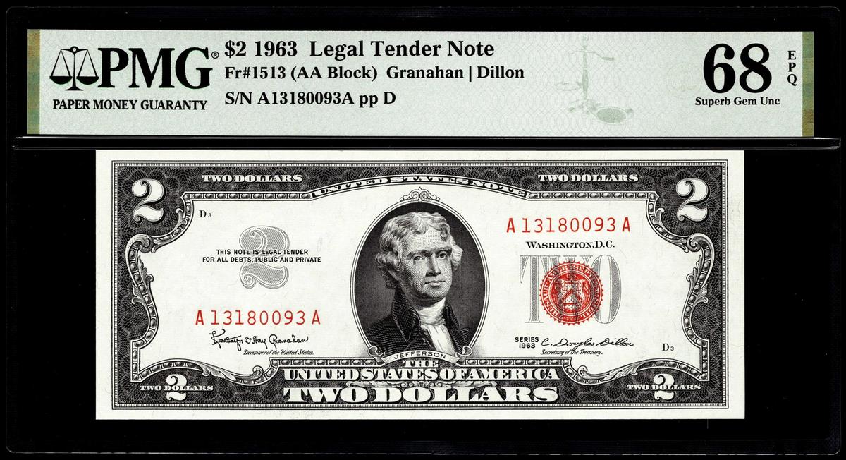 1963 $2 Legal Tender Note Fr.1513 PMG Superb Gem Uncirculated 68EPQ