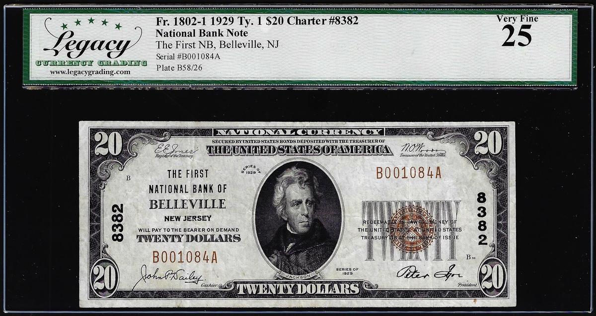 1929 $20 NB of Belleville, NJ CH# 8382 National Currency Note Legacy Very Fine 25