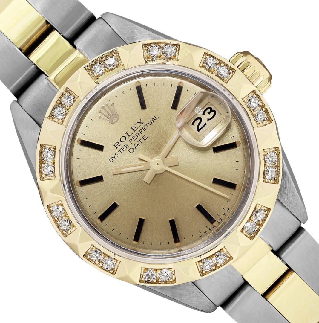 Rolex Ladies Two Tone Champagne Index Diamond Date Wristwatch with Rolex Box