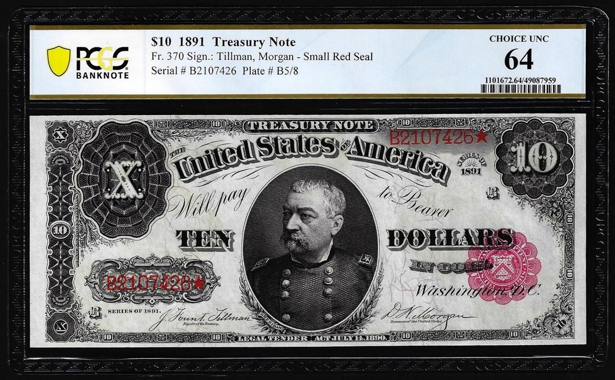 1891 $10 Treasury Note Fr.370 PCGS Choice Uncirculated 64