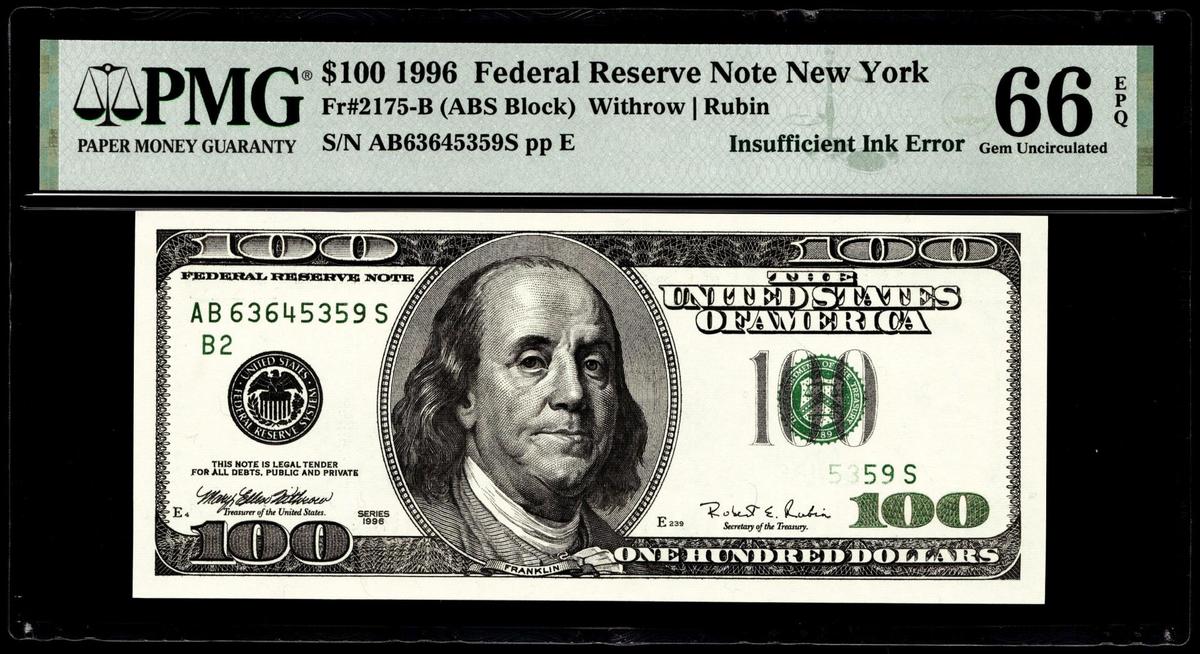 1996 $100 Federal Reserve Insufficient Ink Error Note PMG Gem Uncirculated 66EPQ