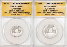 Set of 2014 Proof 1/4 oz & 1/2 oz Platinum JFK Apollo 11 Anniversary Medal ANACS MS69