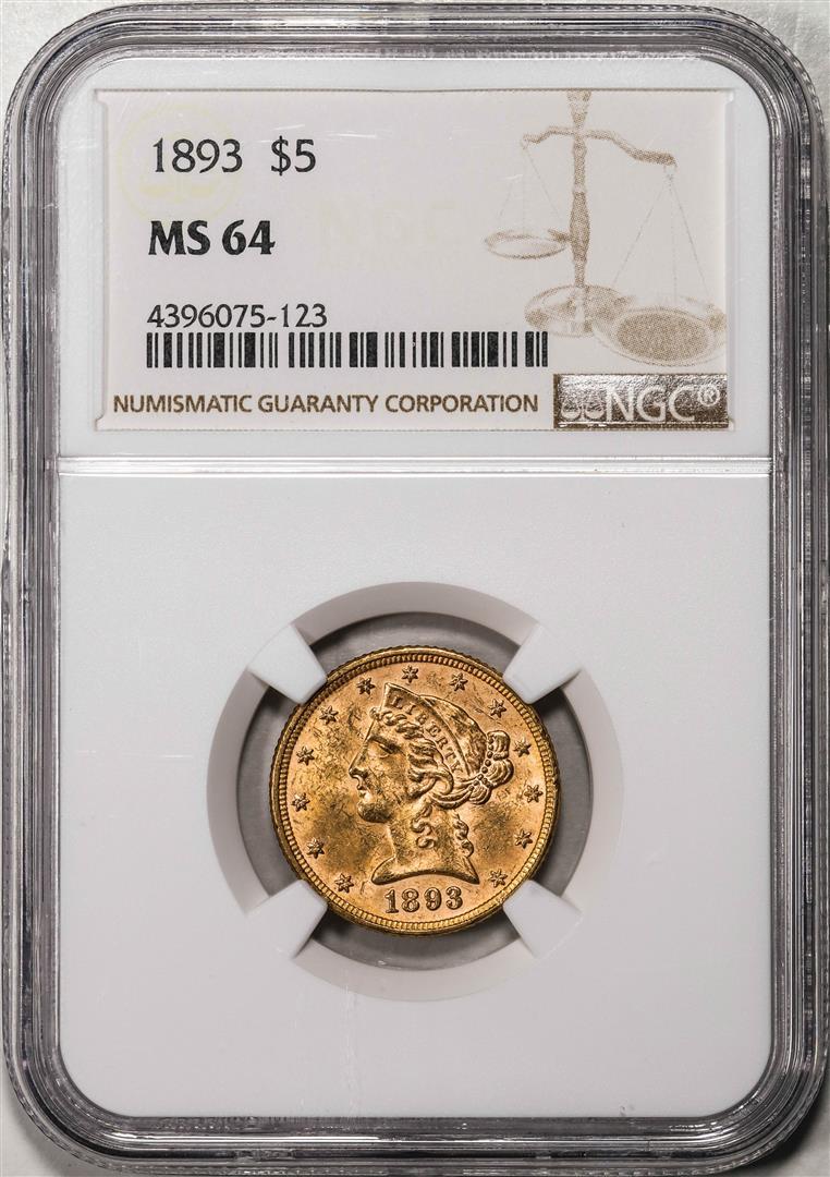 1893 $5 Liberty Head Half Eagle Gold Coin NGC MS64