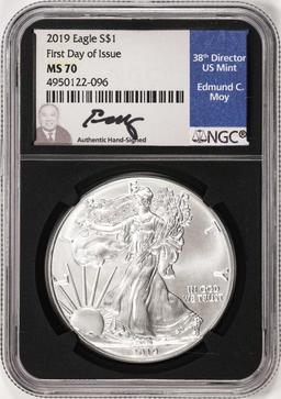 2019 $1 American Silver Eagle Coin NGC MS70 First Day of Issue Edmund Moy Signature