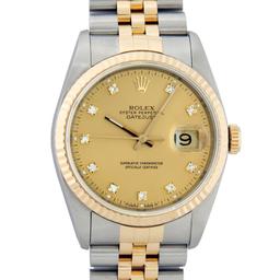 Rolex Mens Two Tone Factory Champagne Diamond Datejust  Wristwatch