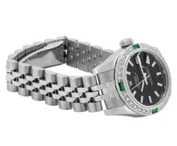 Rolex Ladies Stainless Steel Black Index Emerald and Diamond Date Wristwatch With Rolex Box
