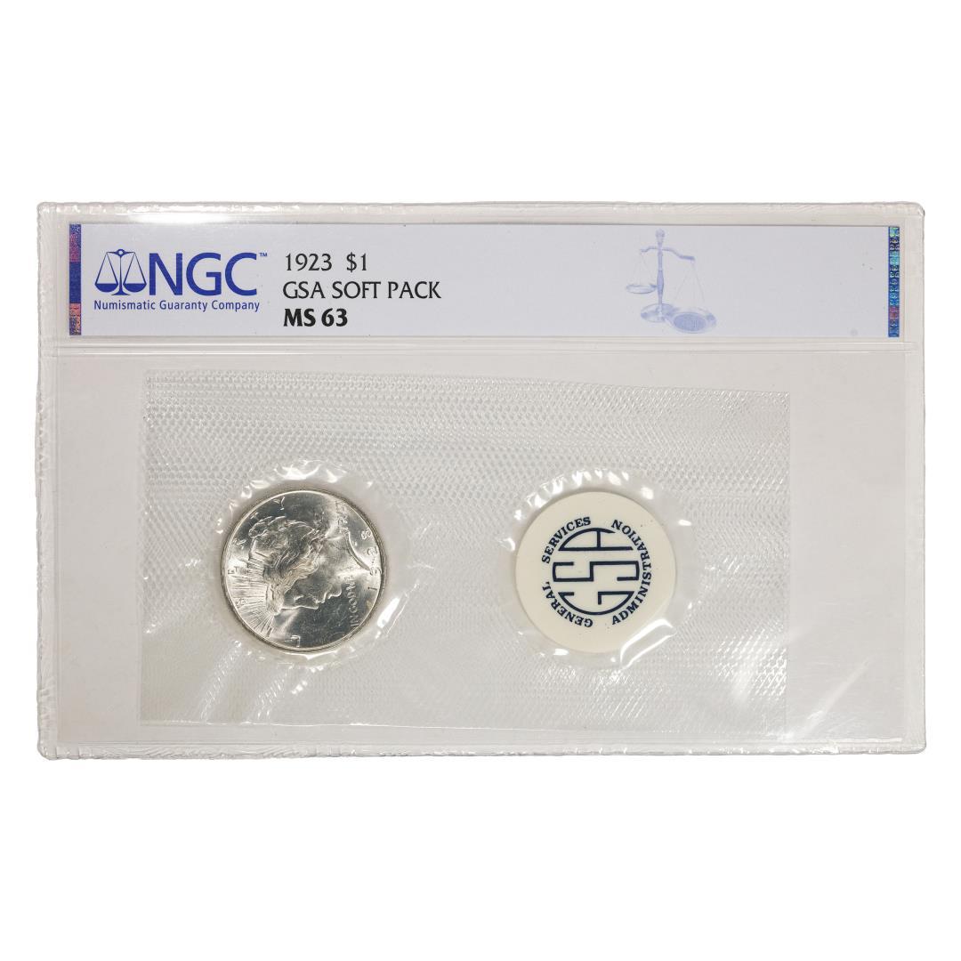 1923 $1 Peace Silver Dollar Coin in GSA Soft Pack NGC MS63