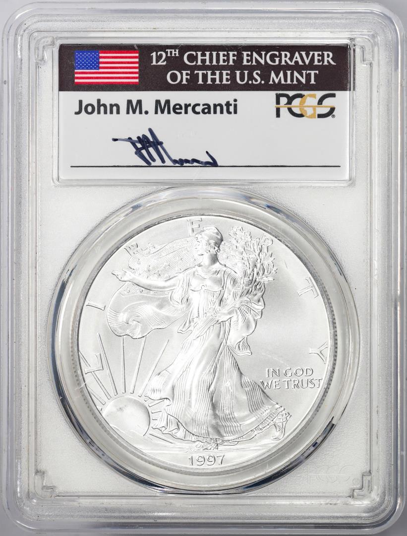 1997 $1 American Silver Eagle Coin PCGS Gem Uncirculated Mercanti Signature